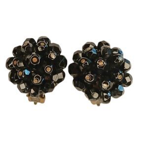 Vintage Black Plastic Bead & Copper Cluster Clip On Earrings Patent Pending